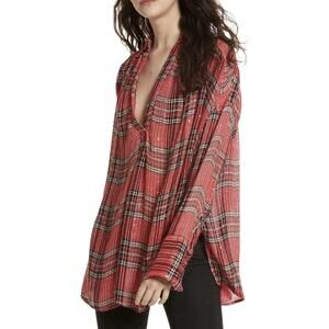 Free People Red Fearless Love Bell Sleeve Plaid Shirt Oversized XS Sequins